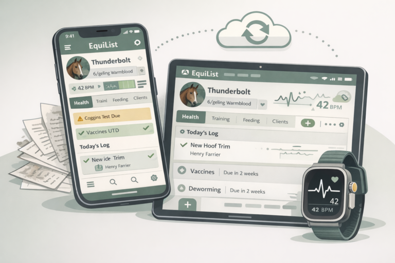 EquiList digital equine record keeping dashboard on a smartphone with Apple Watch Ultra and stable management tools.