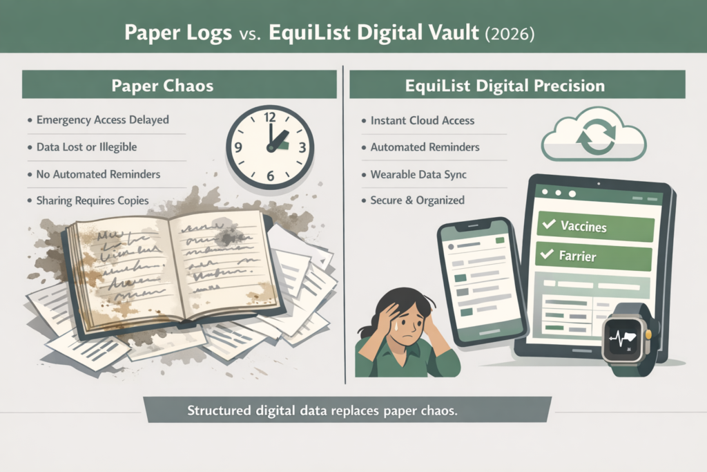 Infographic comparing messy paper horse records (Paper Chaos) vs the EquiList Digital Precision framework with cloud sync and wearable integration.