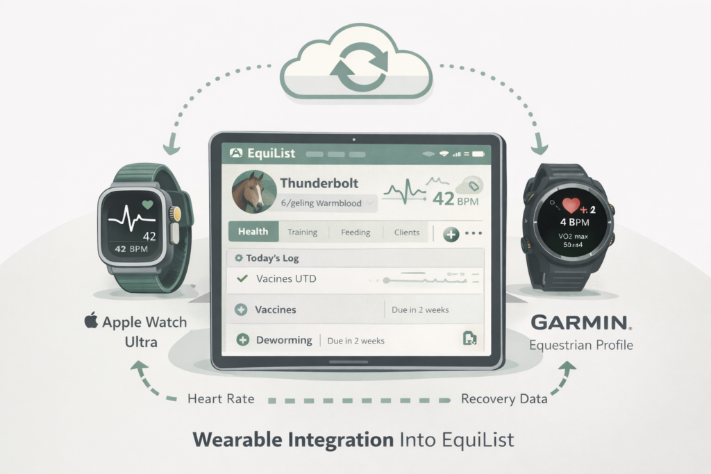 Smartphone displaying an automated vaccination alert for horse health management using EquiList.