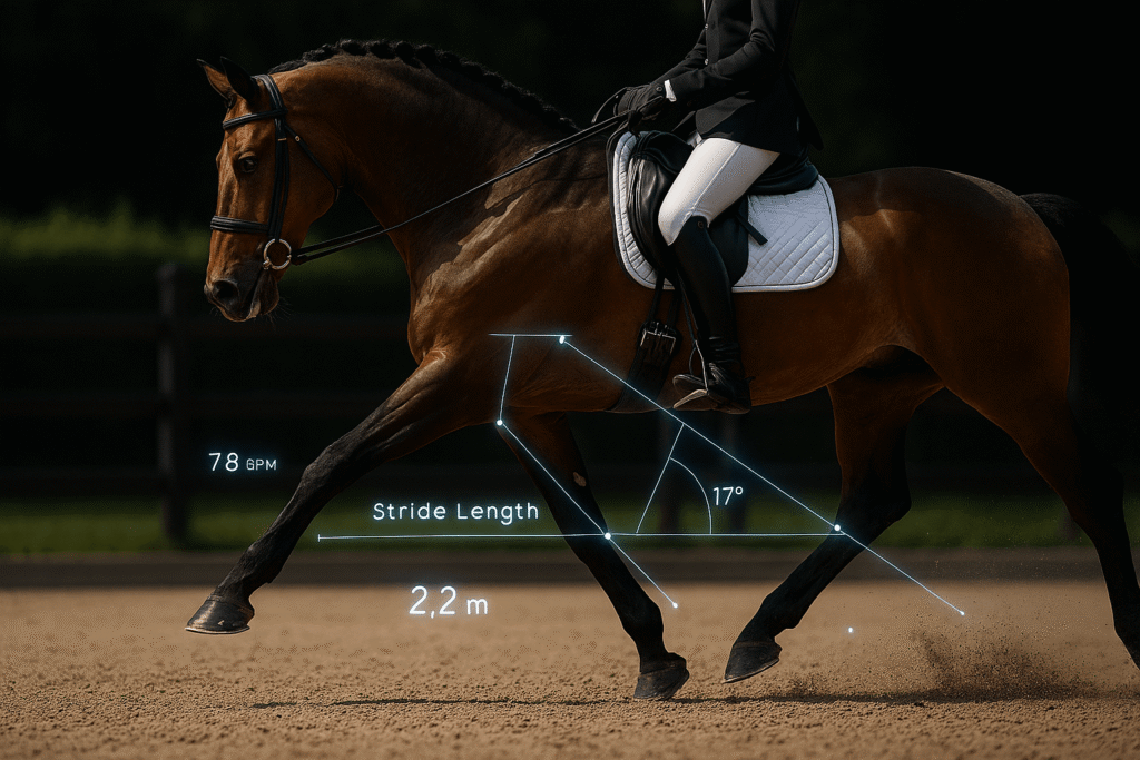Action shot of a dressage horse in extended trot with digital EquiCalc overlays measuring stride length and frequency.
