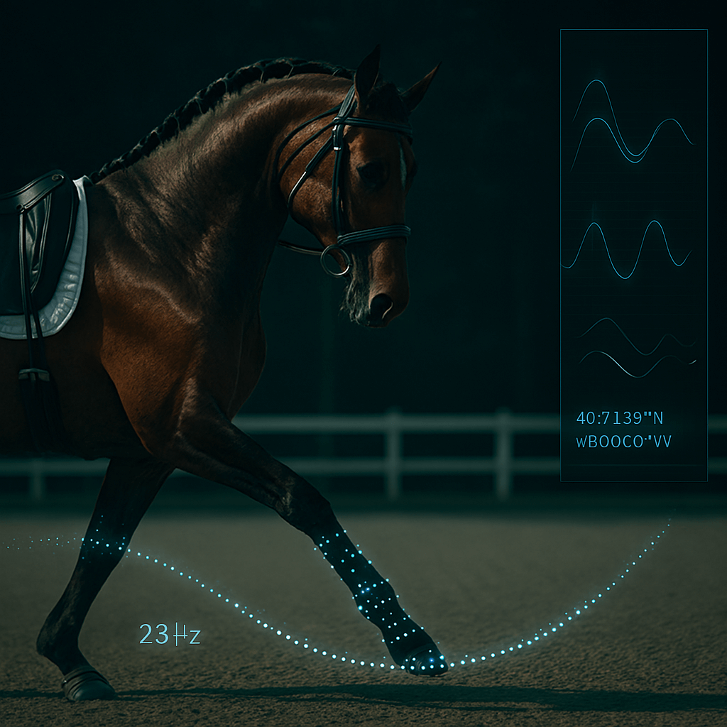 Professional equestrian wearing a bone-conduction earphone for EquiTests audio offloading, ensuring ambient auditory perception of the horse's breathing.