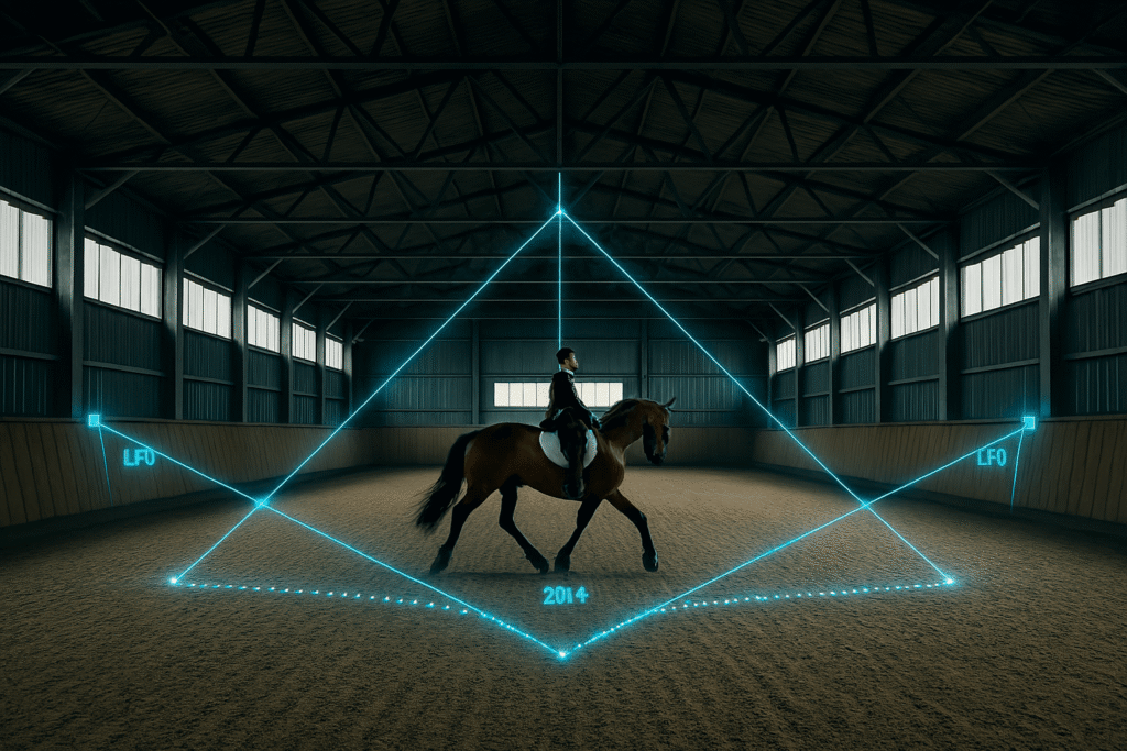 High-frequency 25Hz kinematic GPS tracking visualization of a dressage horse performing a half-pass to prevent signal lag and path distortion.