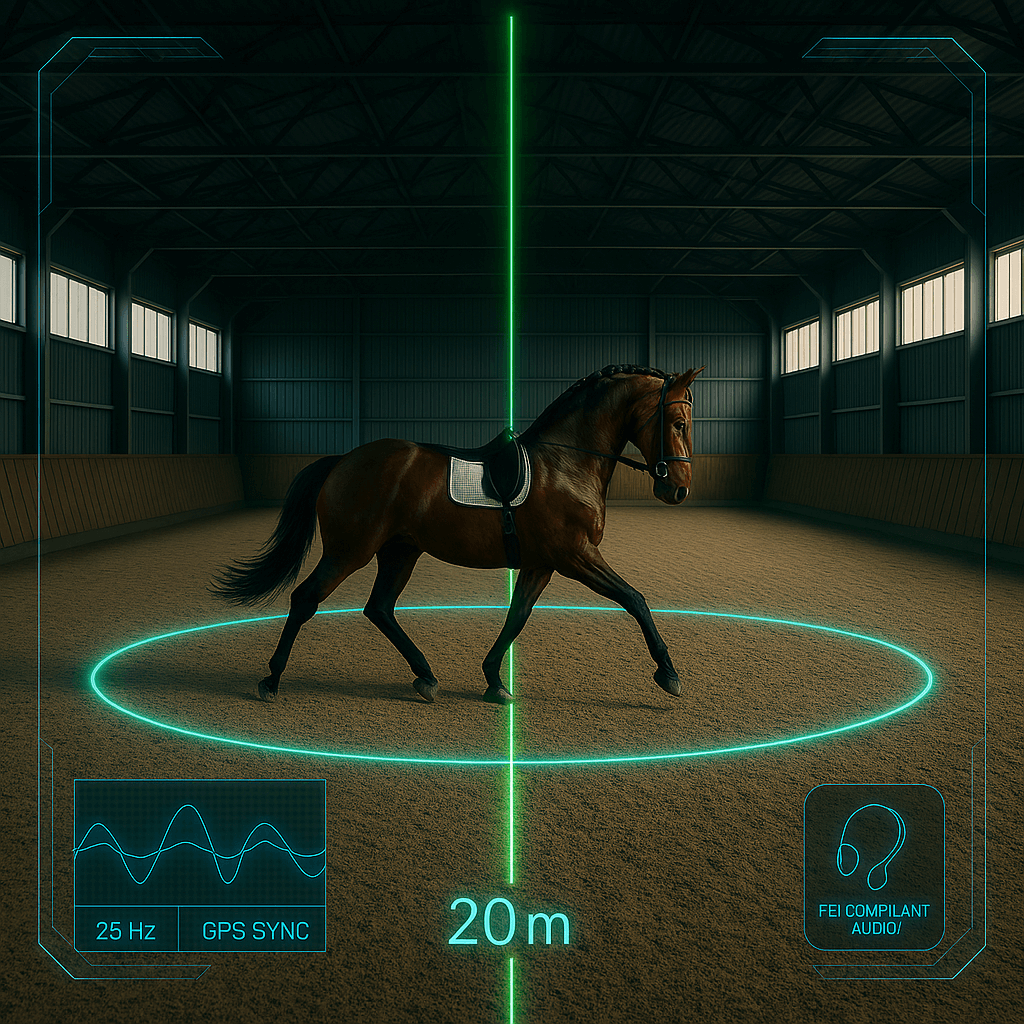 EquiTests 2026 Technical Summary: AR HUD geometry, 25Hz kinematic GPS tracking, and FEI-compliant bone-conduction audio offloading.