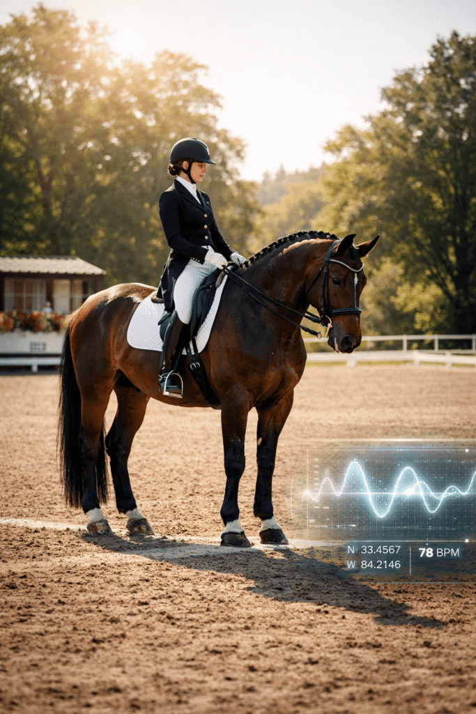 Professional dressage horse and rider performing a perfect halt at centerline with a modern digital holographic overlay for rhythm tracking.