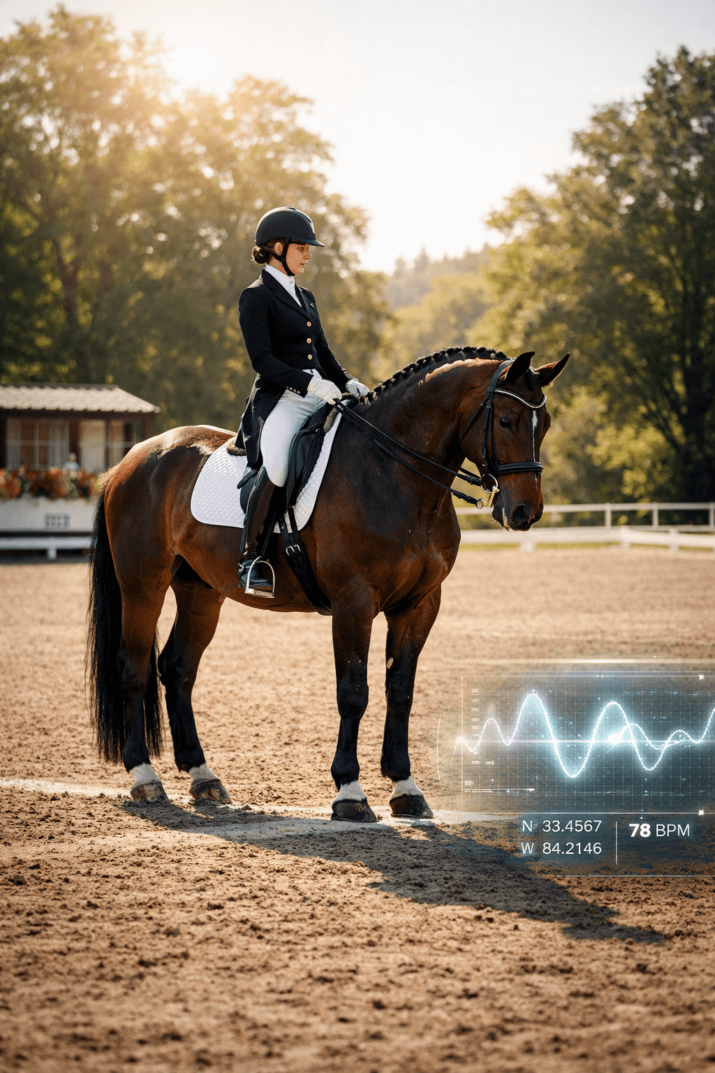 Professional dressage horse and rider performing a perfect halt at centerline with a modern digital holographic overlay for rhythm tracking.