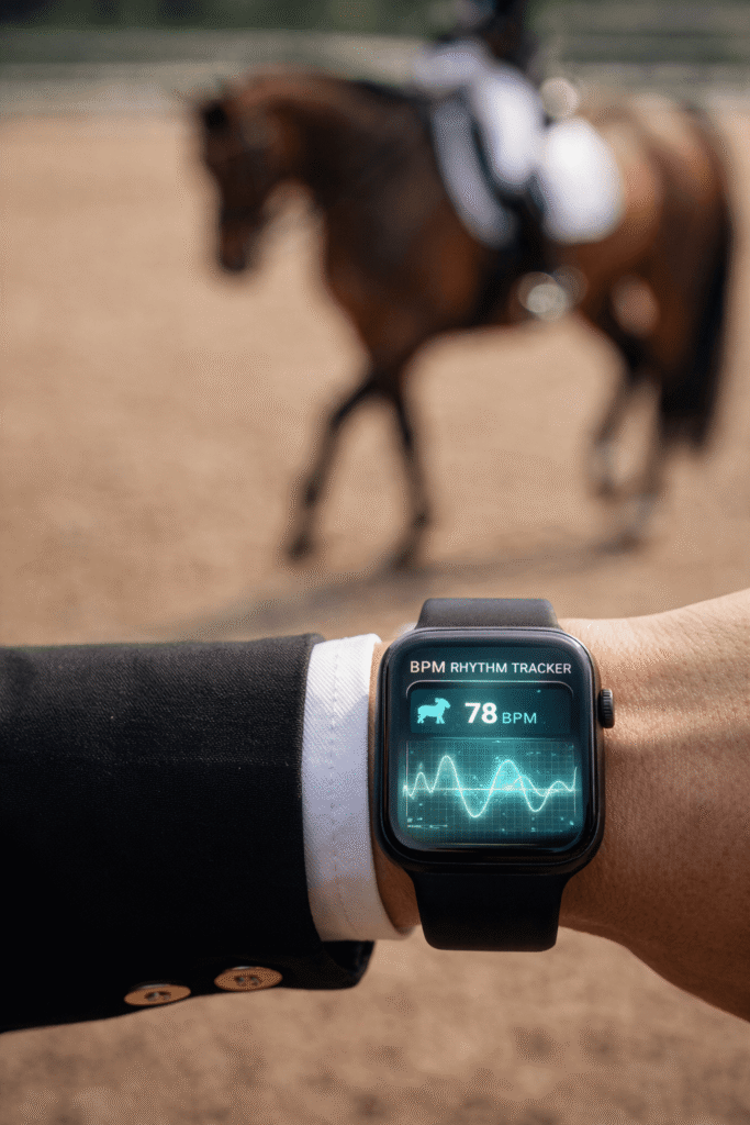 Close-up of a rider wearing a smartwatch displaying a real-time BPM rhythm tracker app during a dressage training session.