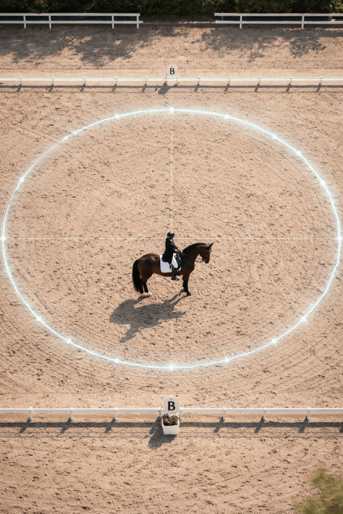 Equestrian rider checking the Dressage Hero app on a smartphone for pattern visualization before entering a USDF recognized show.
