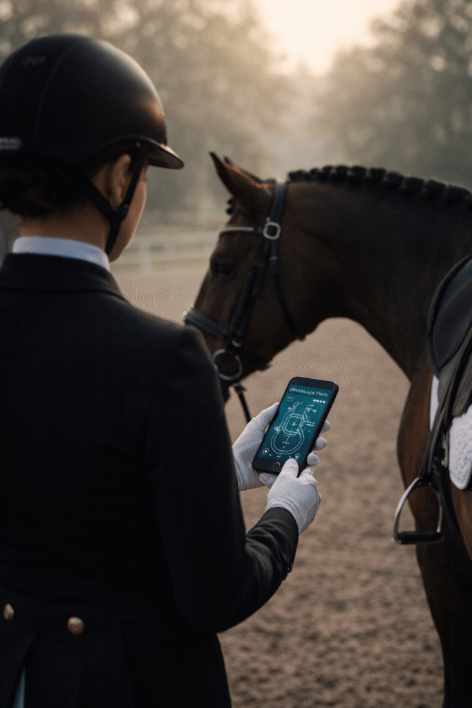 High-angle bird's-eye view of a dressage arena showing a horse riding a perfect 20-meter circle at letter B with digital geometry lines.