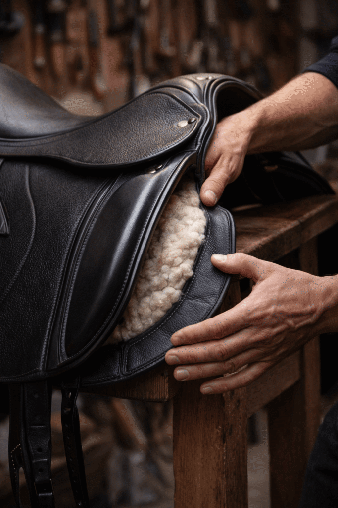 Professional saddler inspecting an English dressage saddle tree and panel flocking for symmetry and structural integrity compliance.