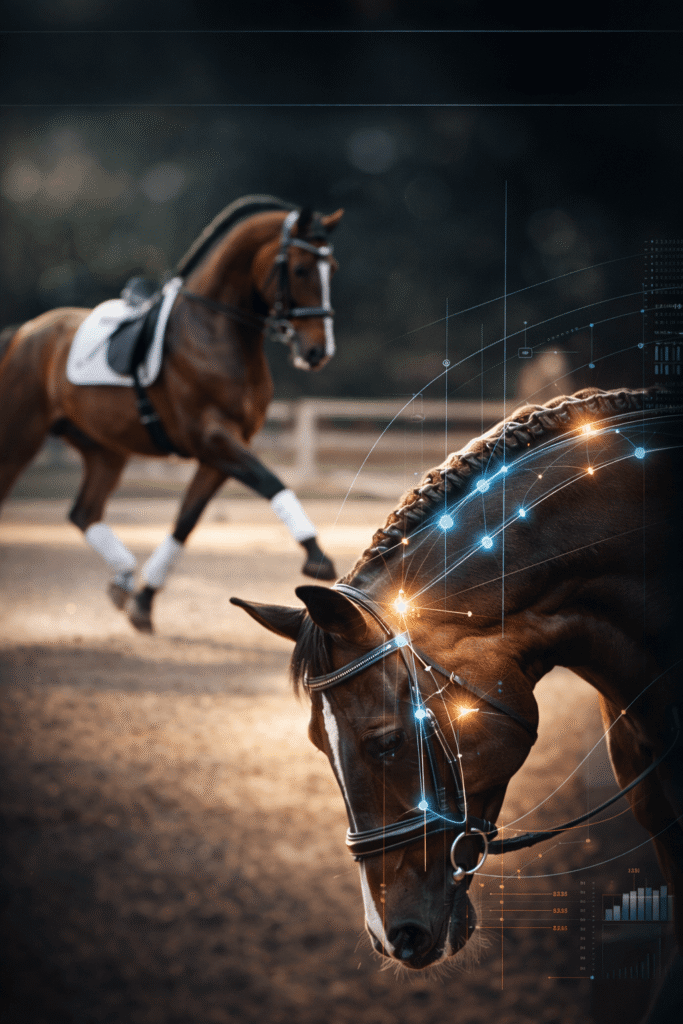 Technical biomechanical mapping of a dressage horse with digital kinematic overlays for the USEF EquiTests 2026 compliance manual.