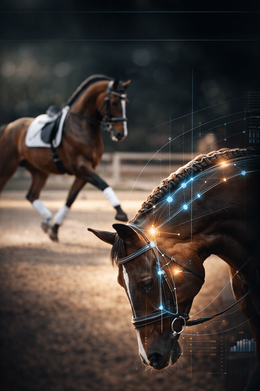 Technical biomechanical mapping of a dressage horse with digital kinematic overlays for the USEF EquiTests 2026 compliance manual.