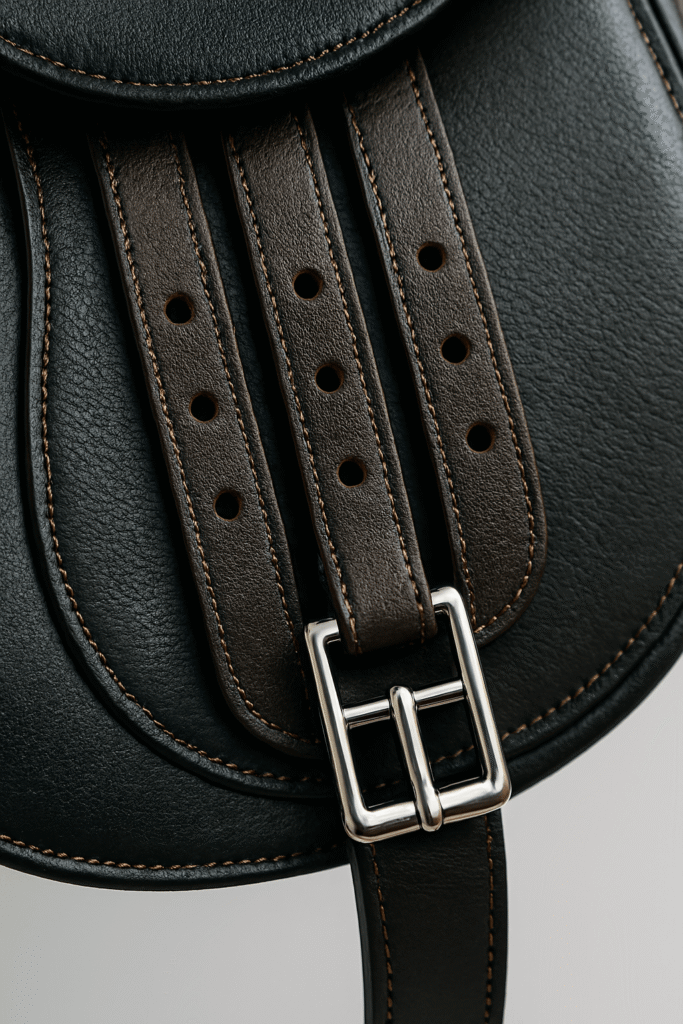 Detailed technical inspection of leather saddle billets and stitching to ensure equipment safety and girth pressure uniformity.