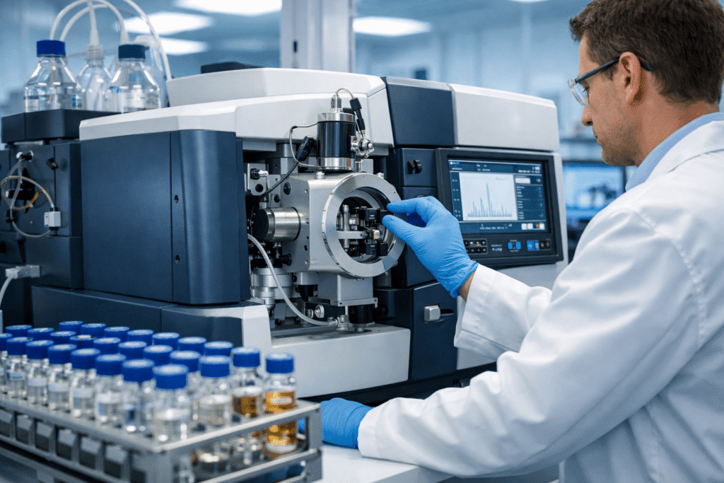 High-sensitivity Tandem Mass Spectrometry equipment used in FEI-accredited laboratories for detecting nanogram levels of prohibited substances.