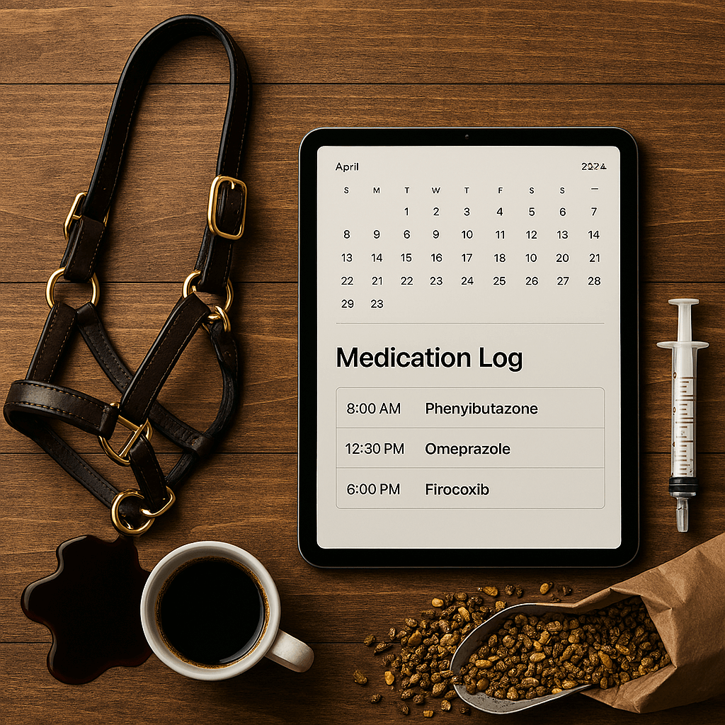 Digital medication logbook on a tablet showing timestamped administration records and audit-ready compliance data for elite stables.