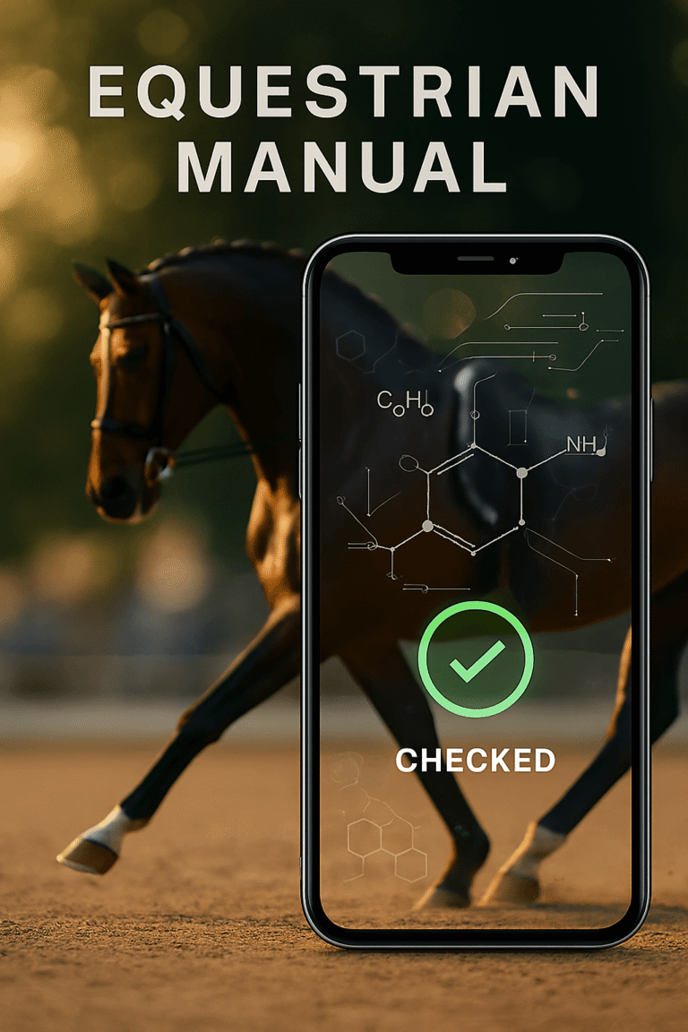 Smartphone displaying the FEI Prohibited Substances Database interface for real-time medication verification in a stable setting.