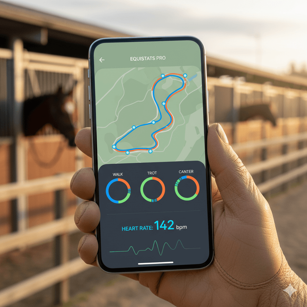 Close-up of Equilab app interface on a smartphone displaying GPS ride mapping and gait symmetry data.
