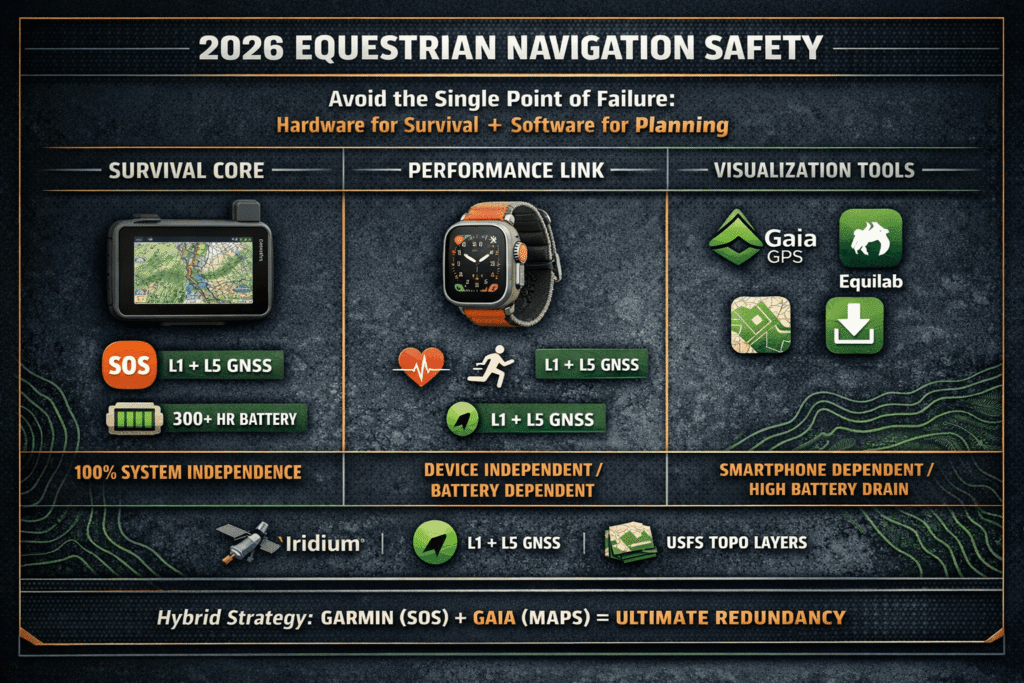 Apple Watch Ultra on a rider's wrist displaying real-time equestrian performance metrics and heart rate during an endurance ride.