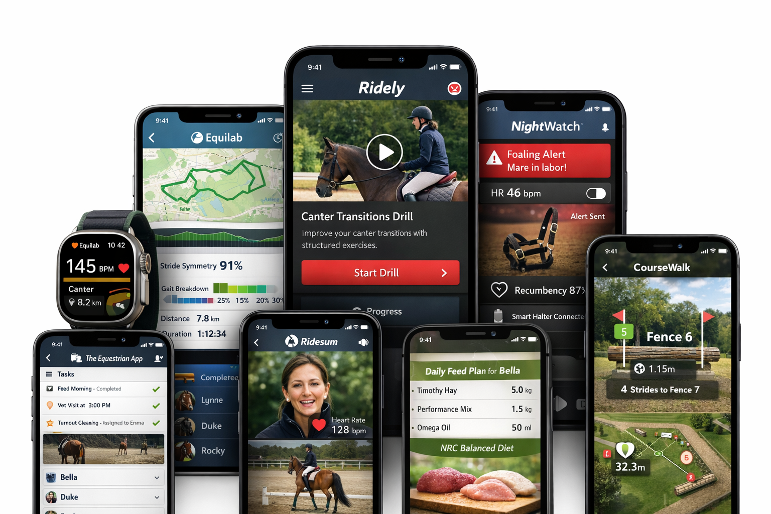 Top 12 equestrian apps for 2026 displayed on a smartphone and Apple Watch in a modern stable setting.