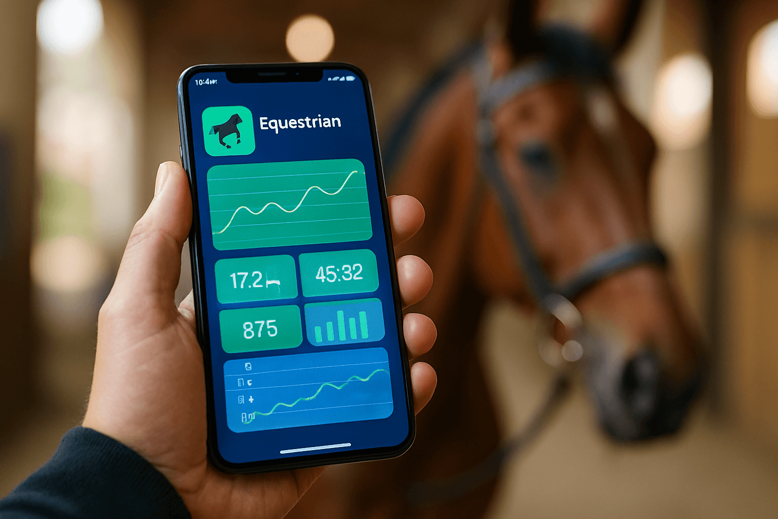 Close-up of a rider using a horse tracking app on a smartphone in a stable setting.