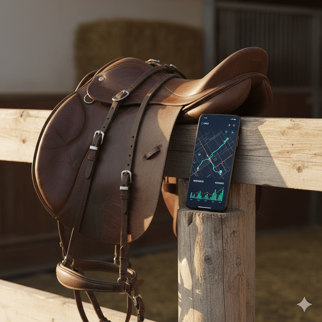 Equestrian gear next to a horse tracking app on a smartphone.