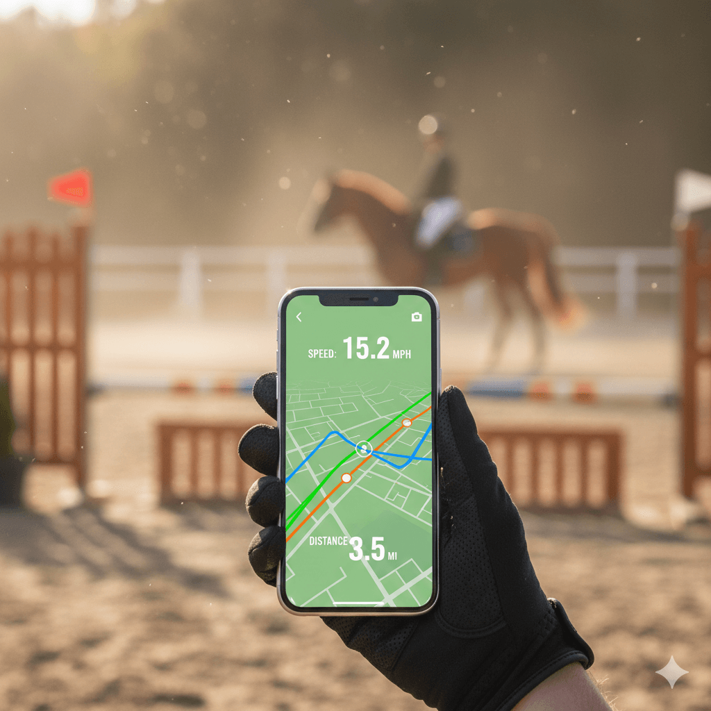 Smartphone displaying a GPS tracking map for horse riding activity.
