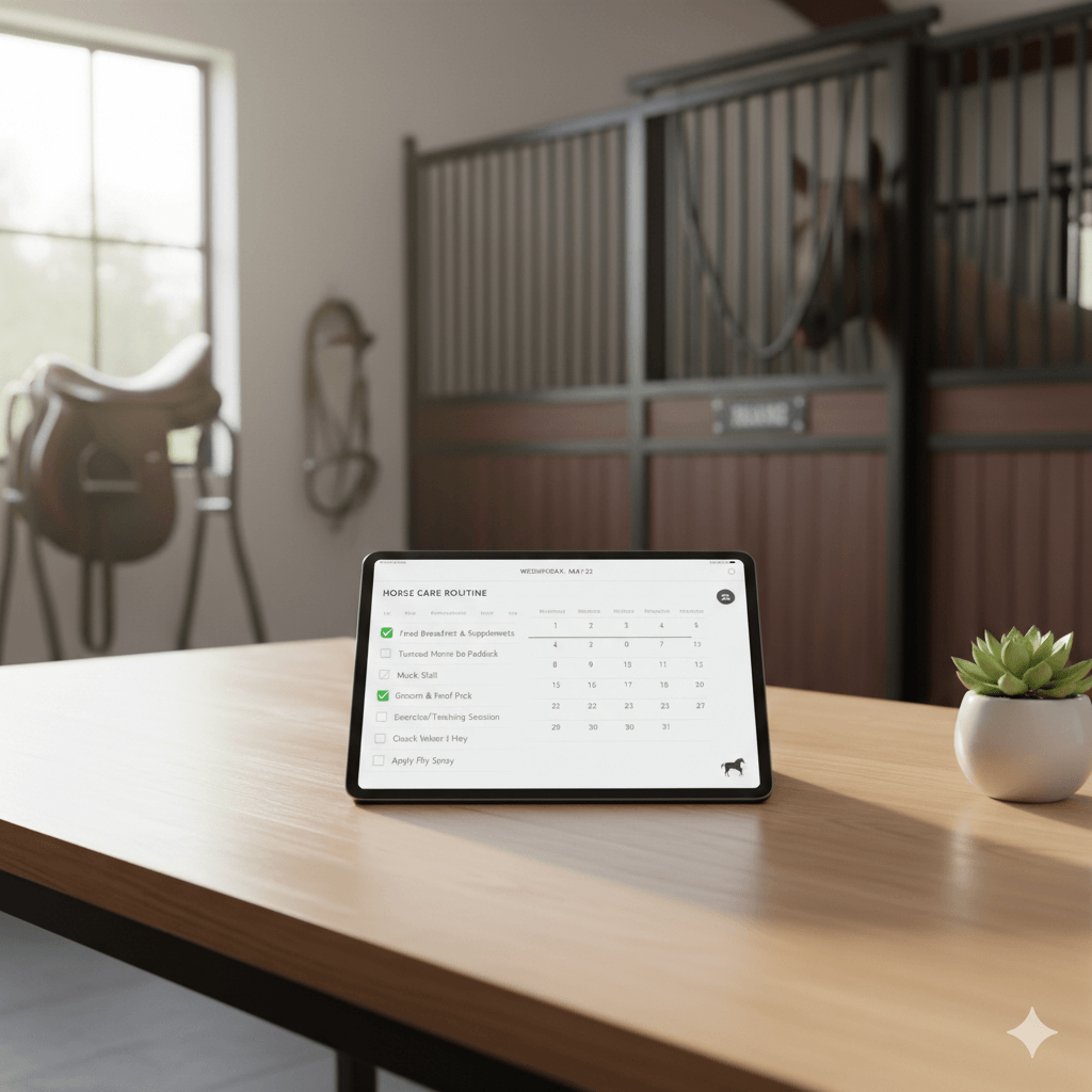 A digital tablet showing a stable management checklist for horse care.