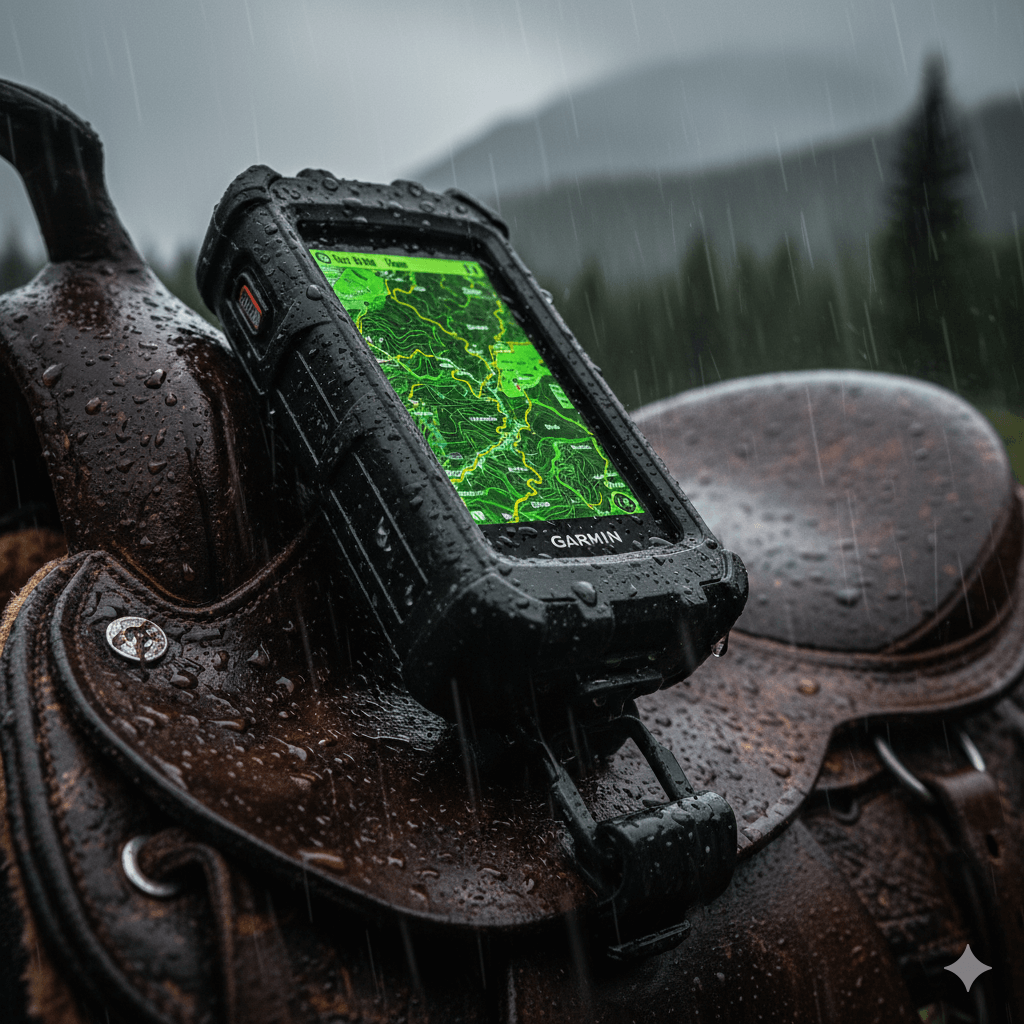 A technical infographic comparing standalone satellite hardware like Garmin and Zoleo with equestrian apps like Gaia GPS and Equilab for redundancy.