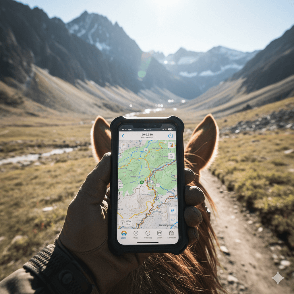 A mud-splattered rugged GPS device mounted on a horse saddle showing topographic maps during extreme weather conditions.