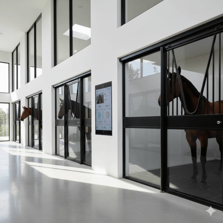 Professional barn manager using a digital tablet for stable operations management.