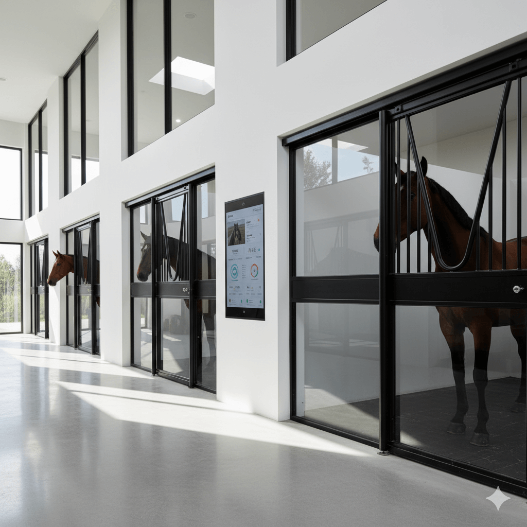 Professional barn manager using a digital tablet for stable operations management.