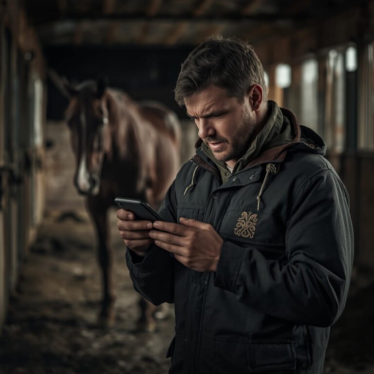 horse owner checking a horse management app on a smartphone at the stable