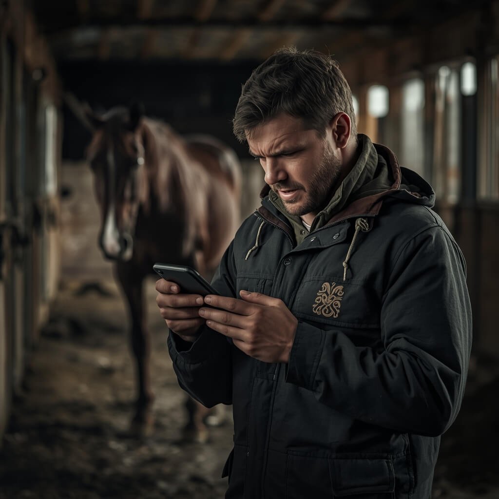 horse owner checking a horse management app on a smartphone at the stable