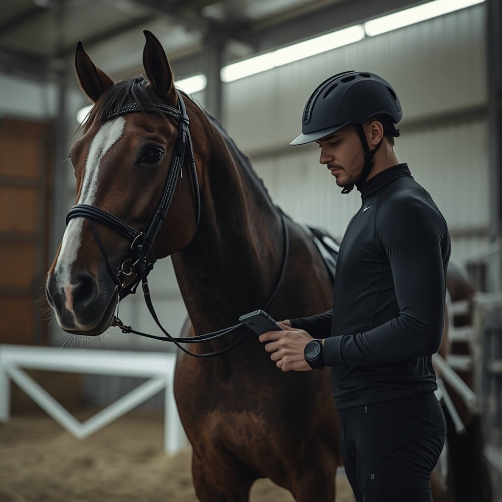 horse owner looking frustrated while using multiple equestrian apps at the stable