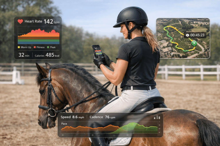 Best Horse Riding Apps with Heart Rate Monitor Integration (2026) Rider on horse practicing, realistic scene