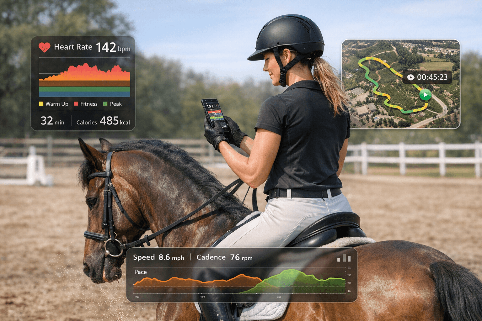 Best Horse Riding Apps with Heart Rate Monitor Integration (2026) Rider on horse practicing, realistic scene