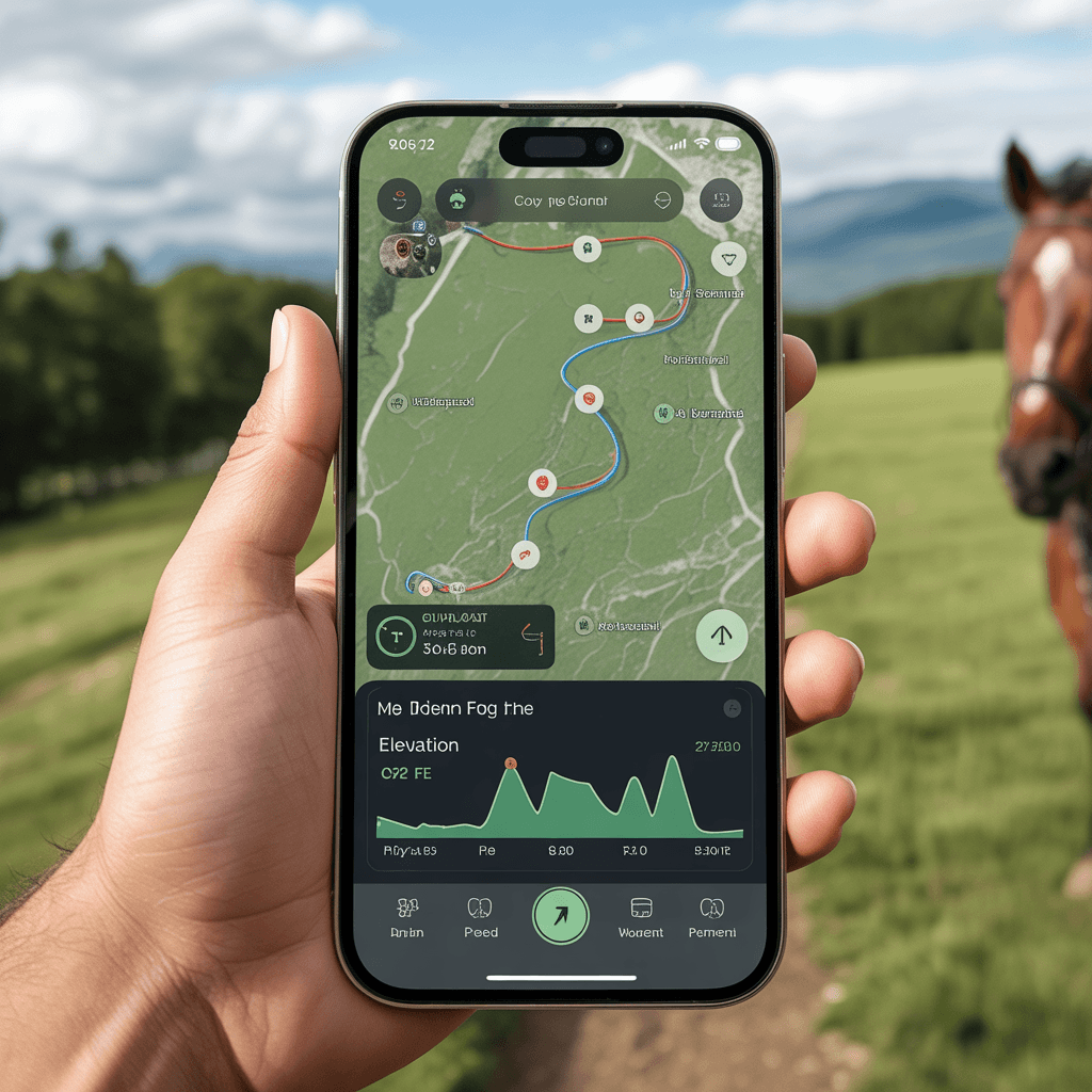Close-up of smartphone screen showing horse riding tracking app metrics including route, distance, speed, and elevation.