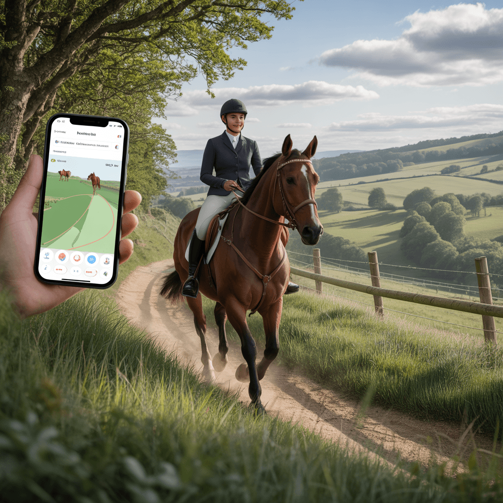 Rider on a horse using a horse riding tracking app on smartphone with GPS map, scenic forest trail in background.