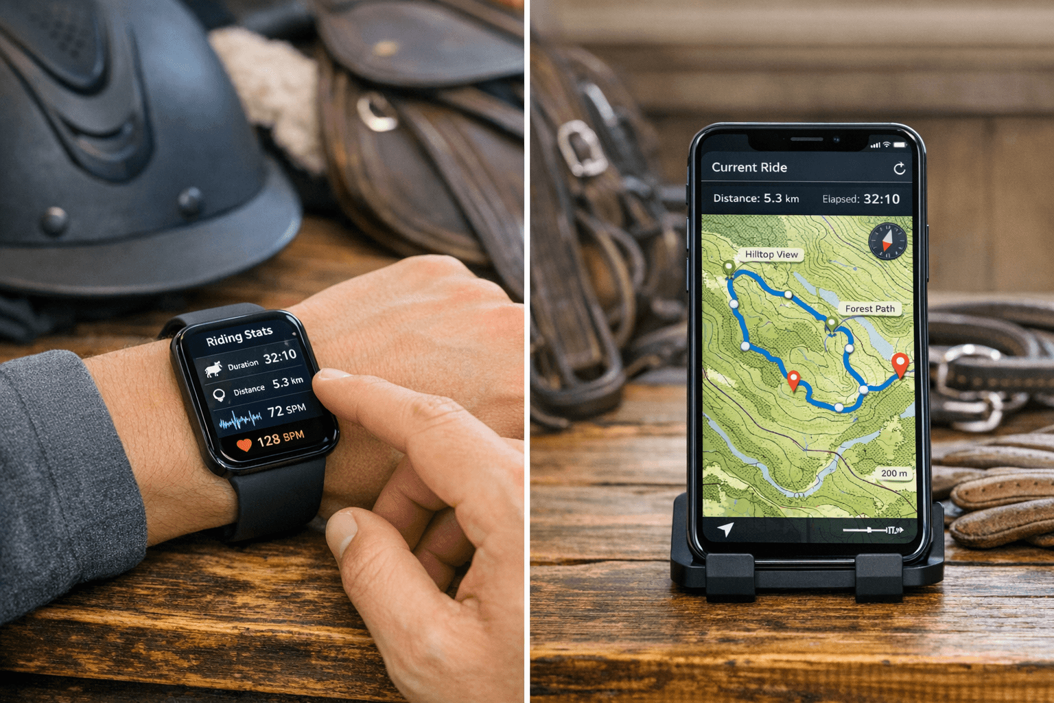 rider using Apple Watch synced with horse riding apps during training