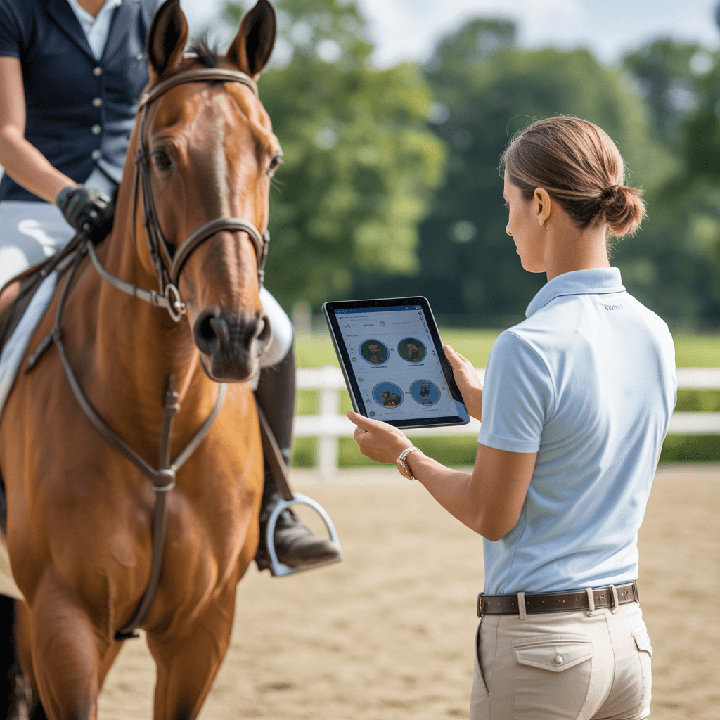 Rider on horseback receiving guidance from a trainer using a tablet, demonstrating digital equestrian coaching in a realistic outdoor arena.