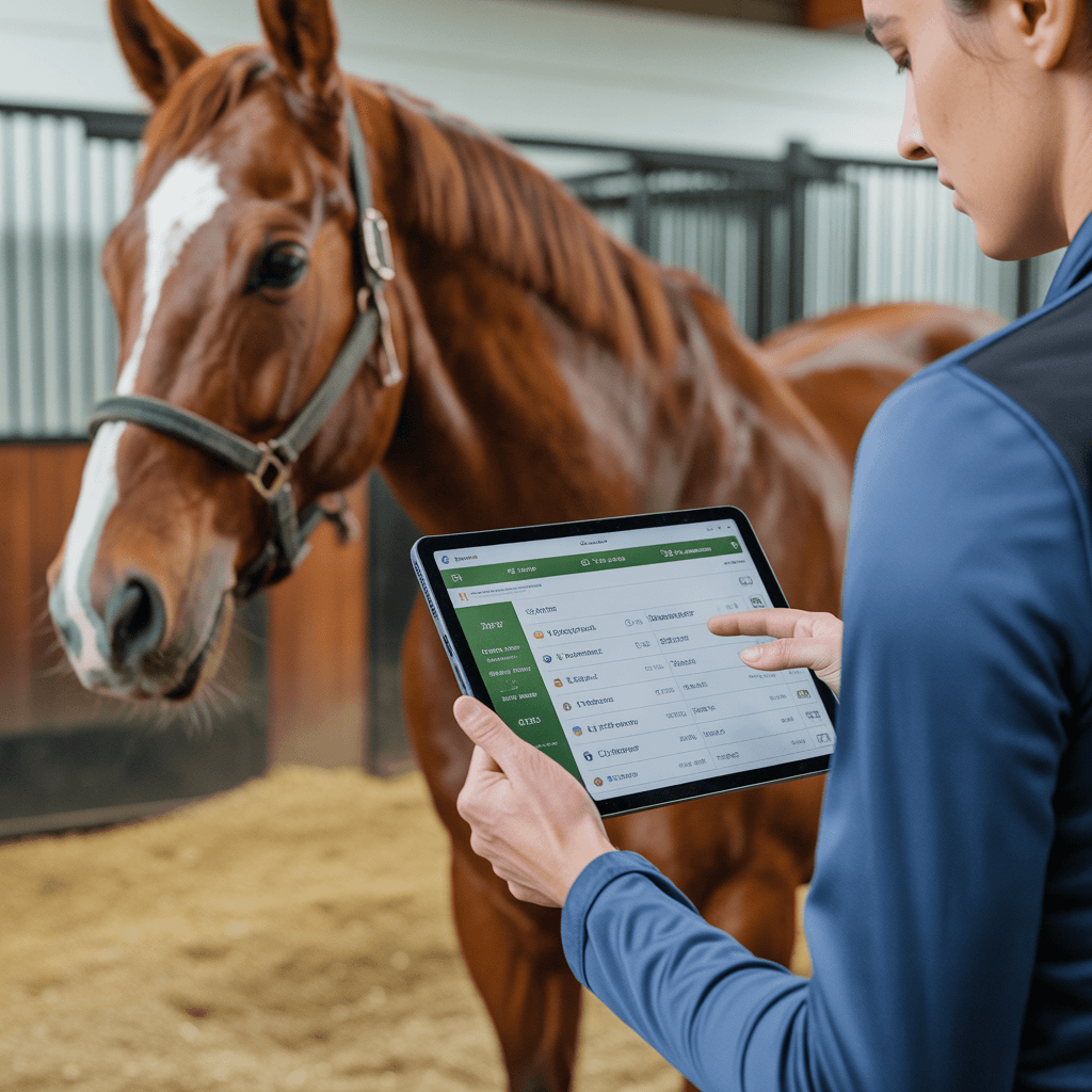 Horse rider recording a training session while a mobile app interface analyzes posture and performance metrics in real time.
