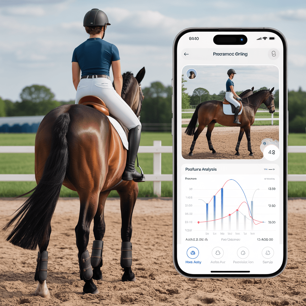 نص بديل (Alt Text): Rider reviewing horse care, feeding, and health records on a tablet with the horse standing nearby, highlighting integrated horse management tools.