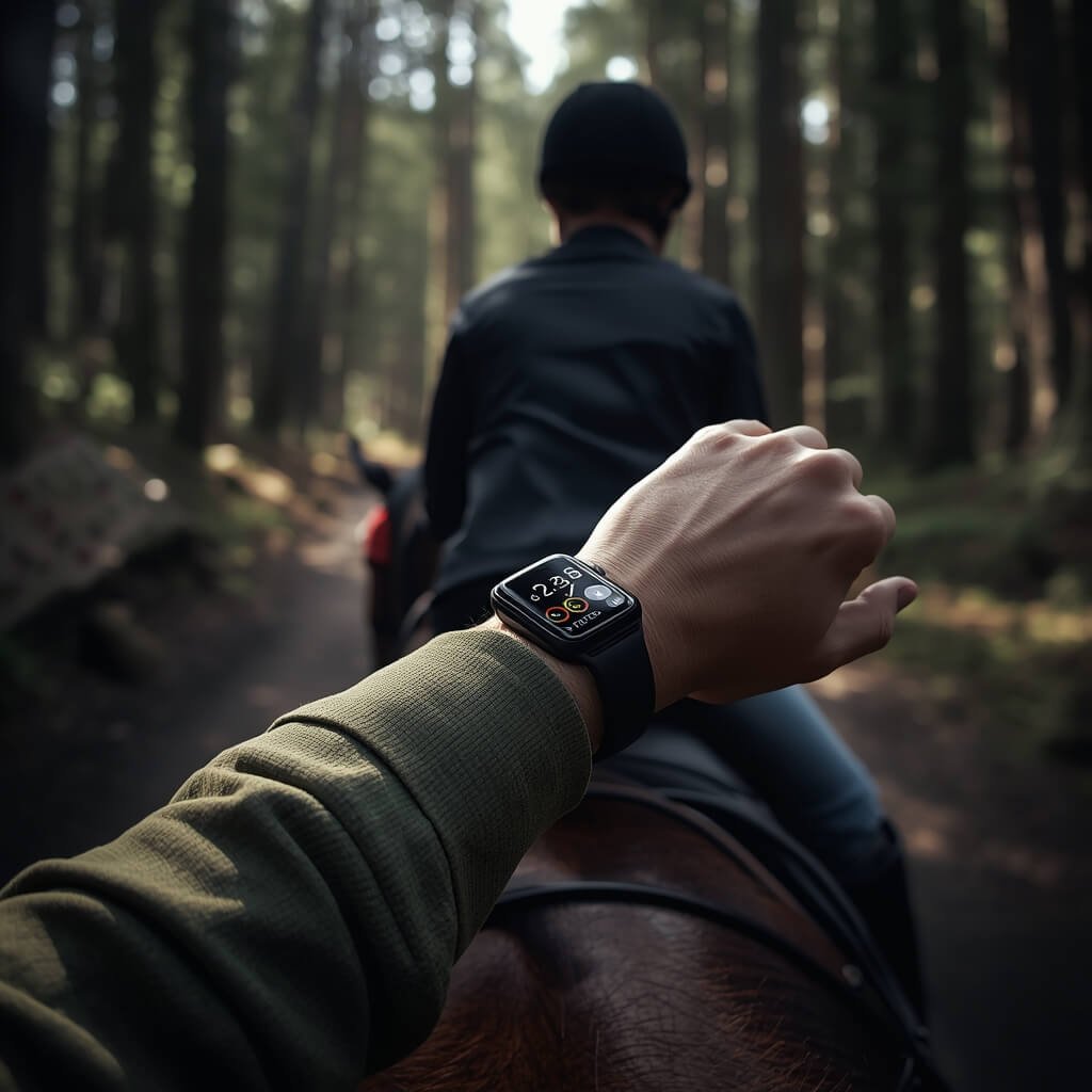 Apple Watch Ultra displaying riding metrics while horseback riding